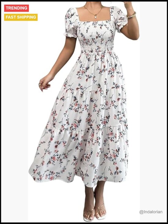 Dresses & Skirts - Floral Puff Sleeve Square Neck Smocked Tiered Ruffle Midi Dress